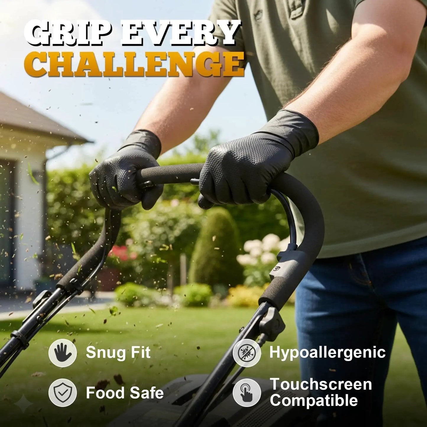 Person wearing Heavy Duty Black Nitrile Gloves 8 Mil Diamond Texture Powder Free Food Safe 1000 while using a lawnmower.