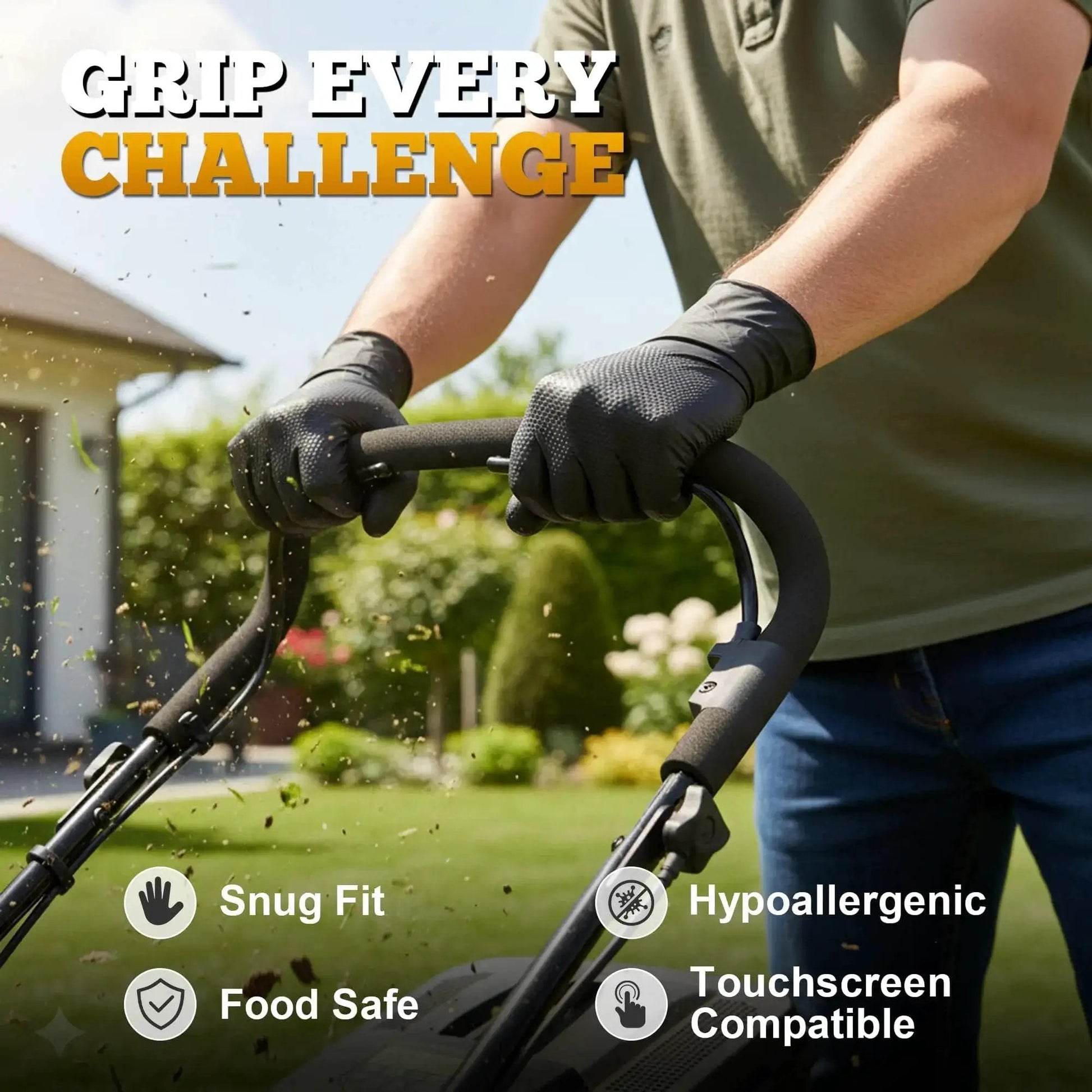 Person wearing Heavy Duty Black Nitrile Gloves 8 Mil Diamond Texture Powder Free Food Safe 1000 while using a lawnmower.