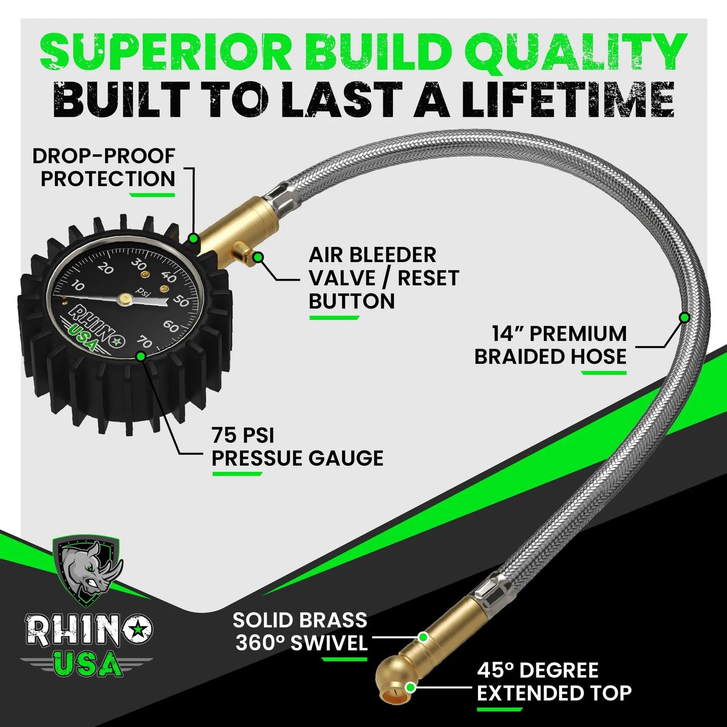 Heavy Duty Tire Pressure Gauge 0 To 75 PSI With Large Glow Dial And Premium Braided Hose For Cars Trucks Motorcycles And RV ANSI B40 1 Certified Solid Brass Hardware By Rhino USA