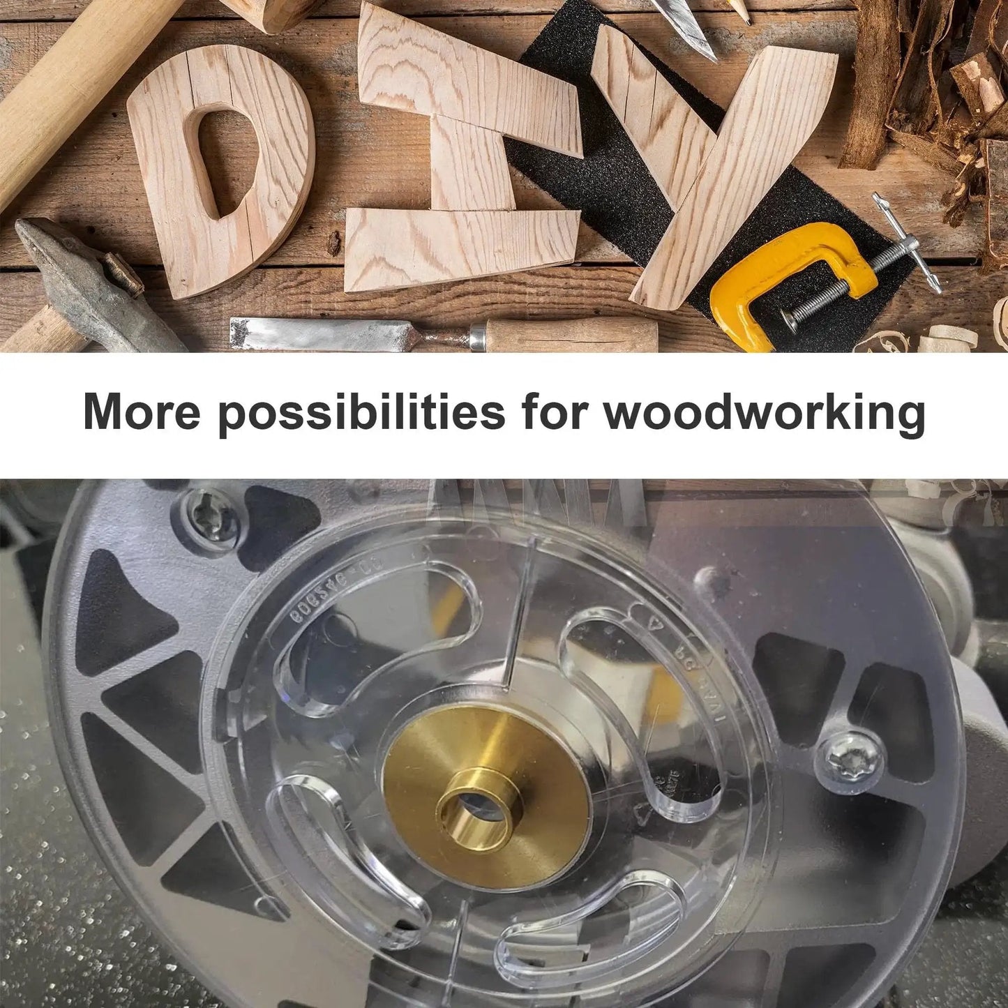 Precision Brass Router Template Bushing Guide Set, 11 Pcs With 1/4 Inch Shank Woodworking Router on table with DIY tools