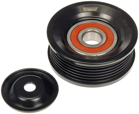 Accessory Drive Belt Idler Pulley Replacement For Ford And Lincoln Vehicles Compatible With Select Models Restores Proper Tension Eliminates Squealing And Groaning From A Worn Pulley Dorman 419 711, front view showing black and silver pulley with orange gasket