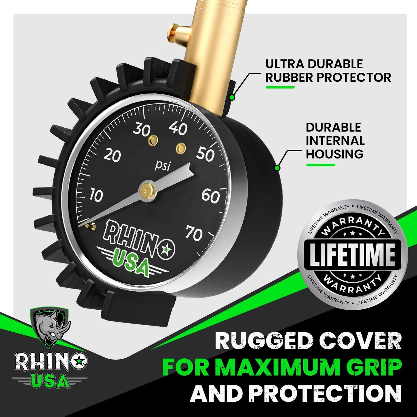 Heavy Duty Tire Pressure Gauge 0 To 75 PSI With Large Glow Dial And Premium Braided Hose For Cars Trucks Motorcycles And RV ANSI B40 1 Certified Solid Brass Hardware By Rhino USA, featuring durable rubber protector and internal housing