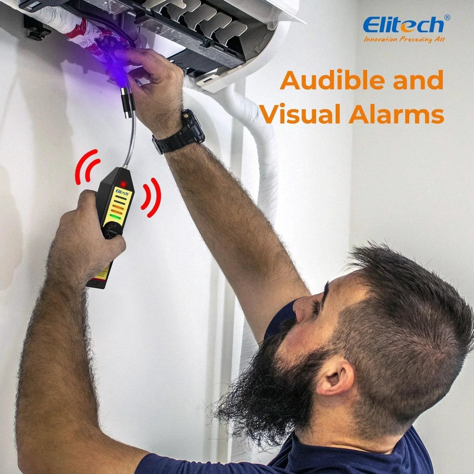 Technician using Freon Leak Detector For Halogen Refrigerants With Adjustable Sensitivity For HVAC And AC Sniffing Detects R22 R134A R410A R1234YF And All CFC HCFC HFC Blends Reliable Halogen Gas Tester For Ductwork And Maintenance Elitech WJL6000S