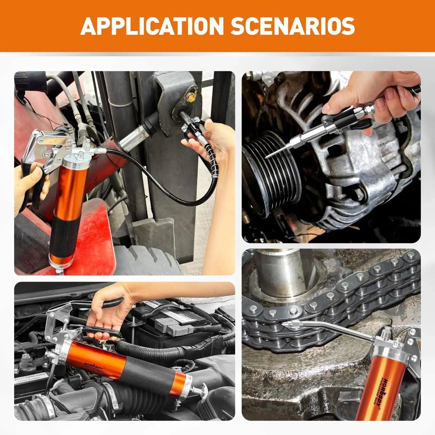 Various uses of Beefed Up 8000 PSI Grease Gun Kit With 14oz Grease, including vehicles and machinery lubrication