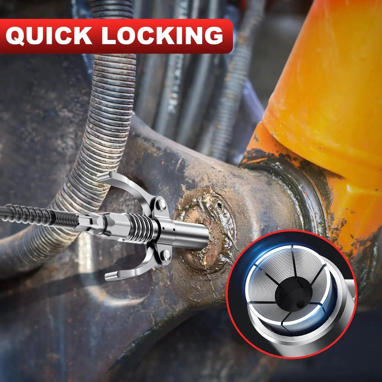 Heavy Duty 8000 PSI Pistol Grip Grease Gun Kit With Quick Locking Coupler Spring Flex Hose in automotive maintenance use