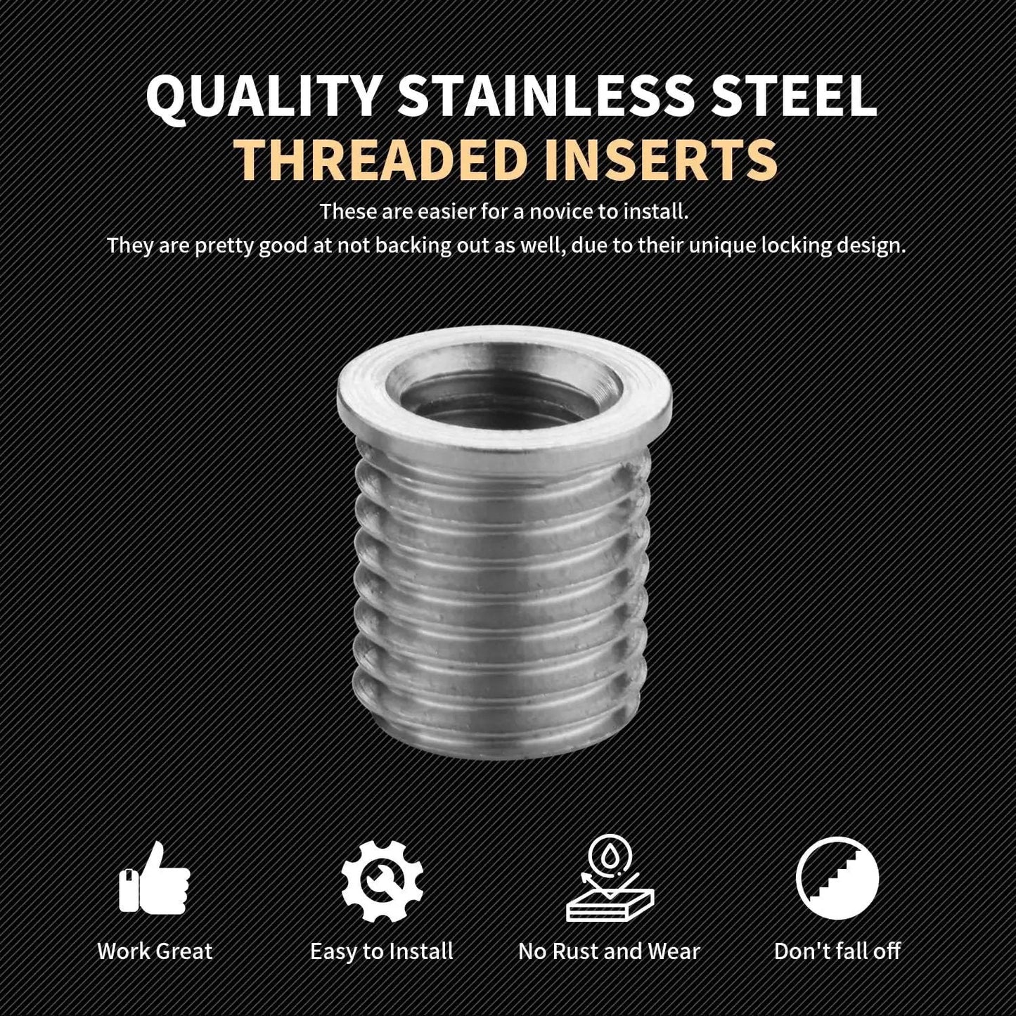 M6x1.0 Thread Repair Kit With 9.4mm Stainless Inserts Drill Tap Driver metal insert close-up on black background