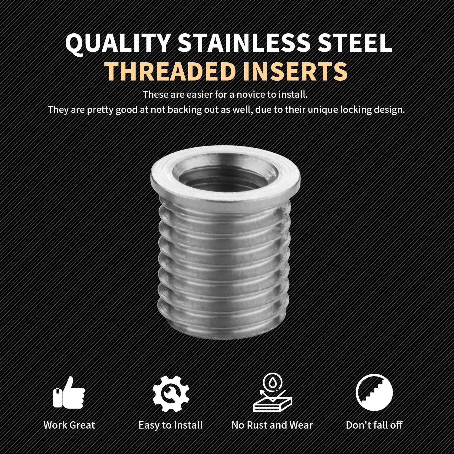 M6x1.0 Thread Repair Kit With 9.4mm Stainless Inserts Drill Tap Driver metal insert close-up on black background