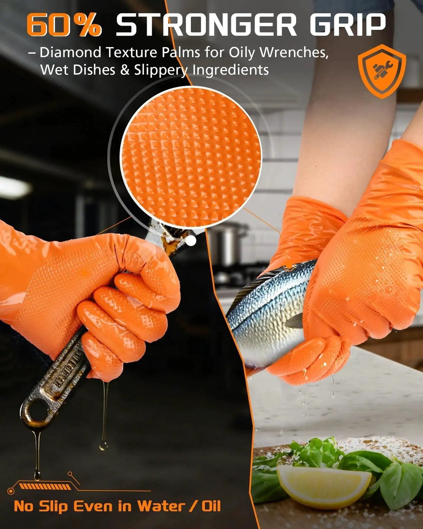 9 Mil Heavy Duty Orange Nitrile Gloves With Raised Diamond Grip handling oily wrench and fish