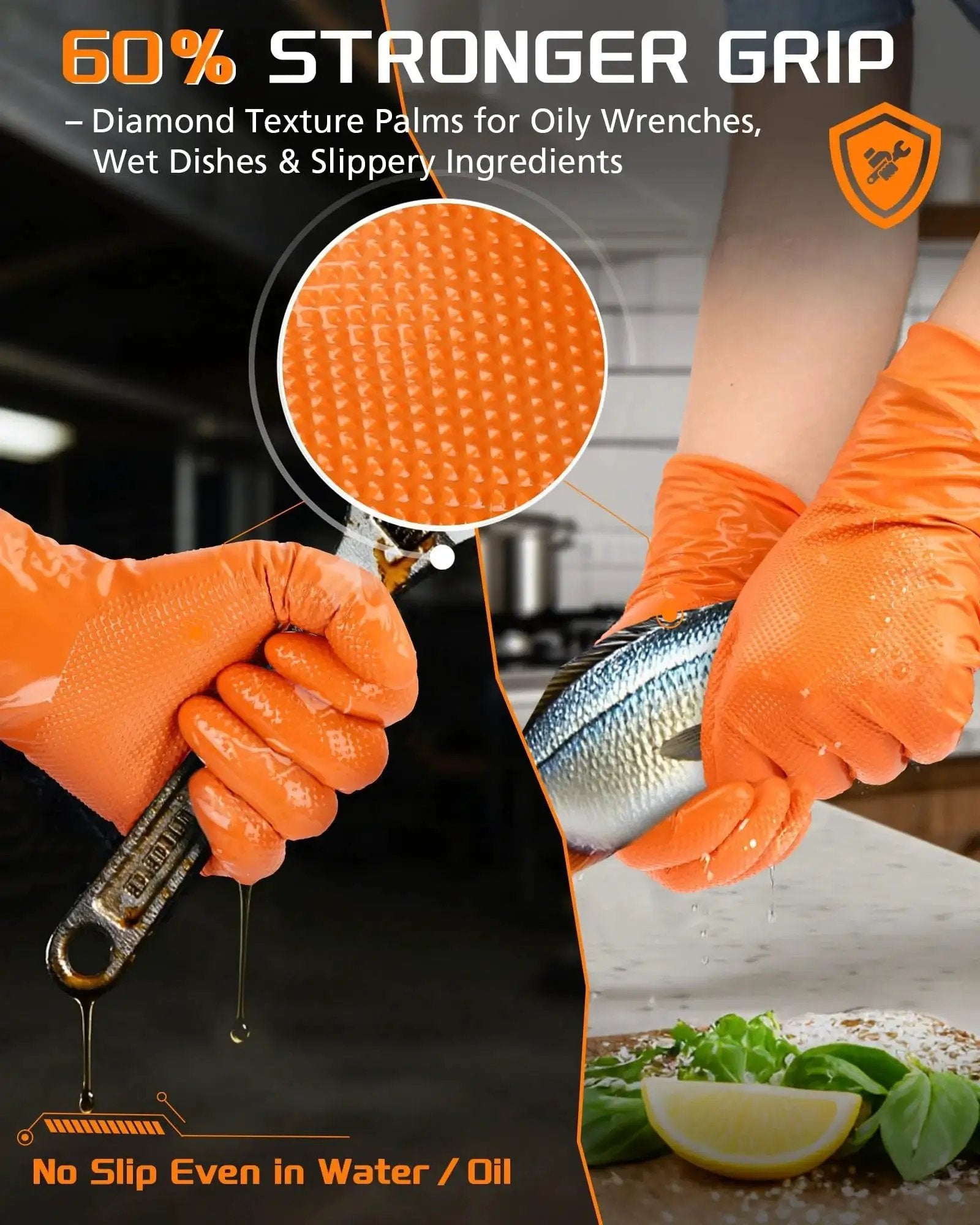9 Mil Heavy Duty Orange Nitrile Gloves With Raised Diamond Grip handling oily wrench and fish