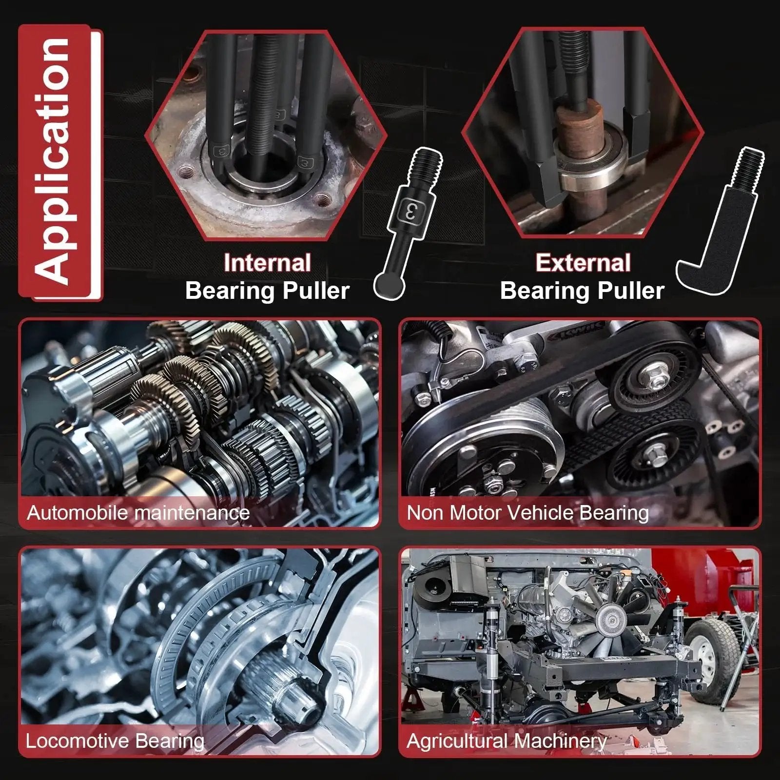 Illustration showing applications of 33-In-1 Bearing Puller Kit Upgraded Heavy-Duty Wheel Bearing Removal Tool And Blind Hole Puller Set for automotive, machinery.
