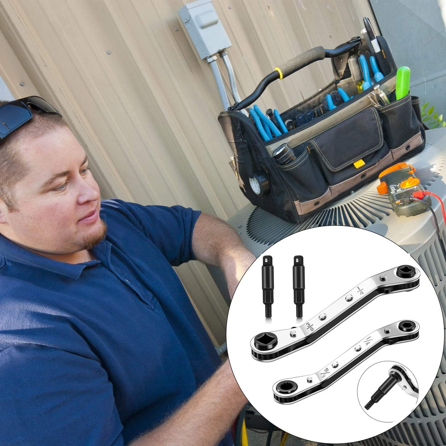 HVAC Air Conditioning Valve Ratchet Wrench Set With Dual Pneumatic Wrenches for 3/16 to 3/8 Inch, shown used on AC unit