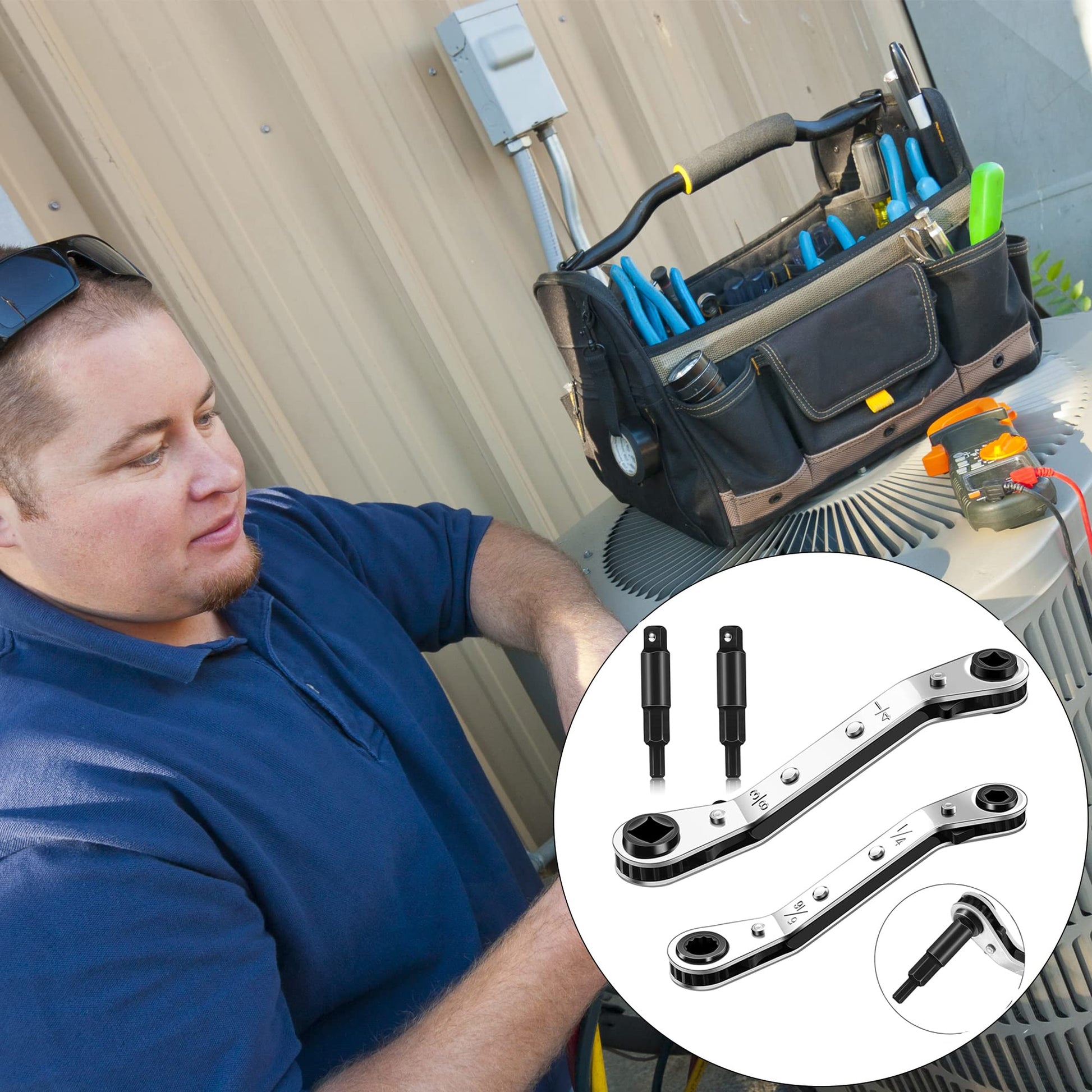 HVAC Air Conditioning Valve Ratchet Wrench Set With Dual Pneumatic Wrenches for 3/16 to 3/8 Inch, shown used on AC unit