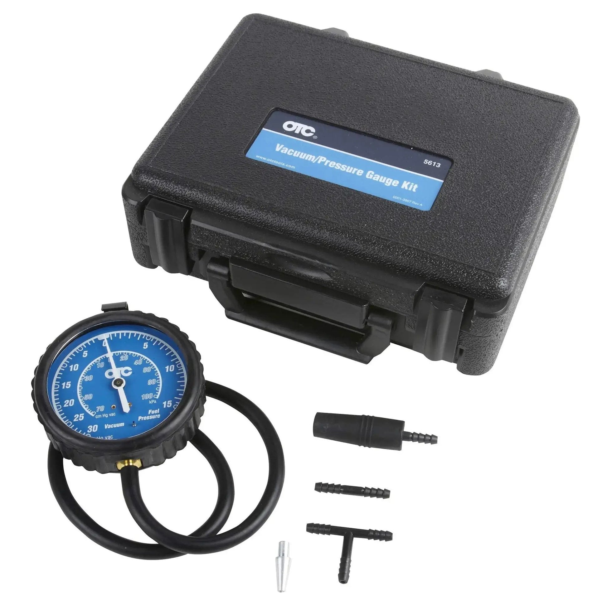 Vacuum And Pressure Gauge Kit For Low Pressure Fuel Systems Diagnostics with dual-read gauge and adapters in case