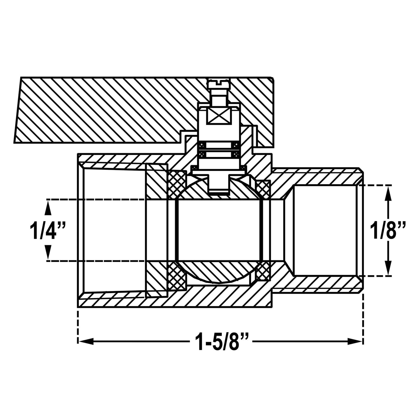Diagram of Mini Ball Valve One Eighth Inch Stainless Steel 304 Reduced Port 1000 PSI with lever handle, 1/8 in NPT dimensions.