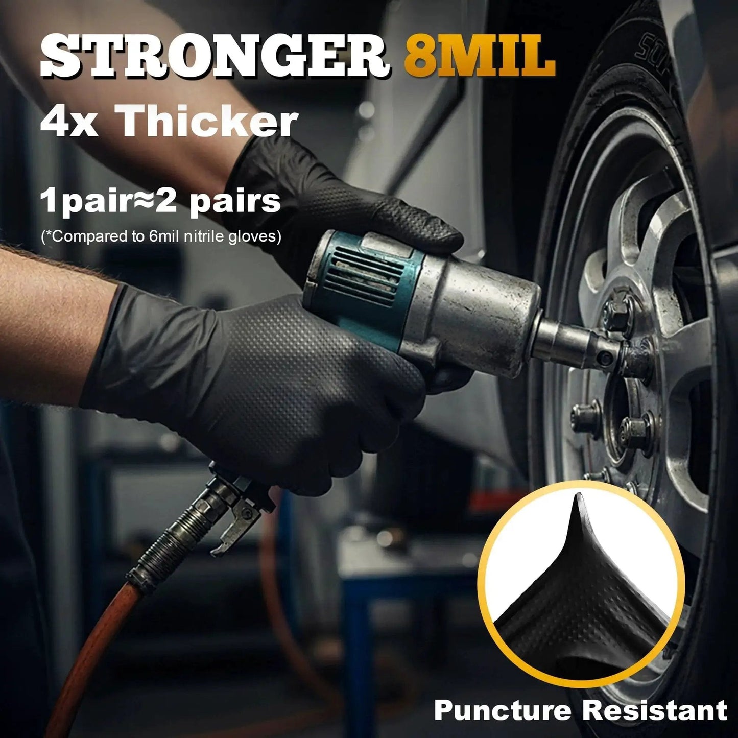 Mechanic using Heavy Duty Black Nitrile Gloves 8 Mil Diamond Texture Powder Free Food Safe 1000 while working on a car wheel.
