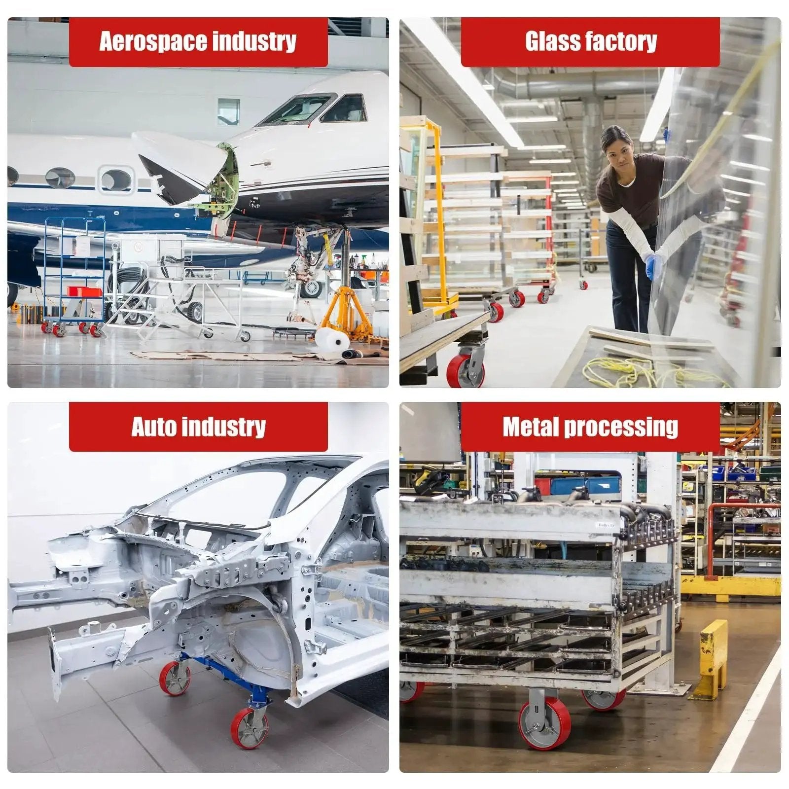 Collage of caster wheels used in aerospace, glass factory, auto industry, and metal processing environments.