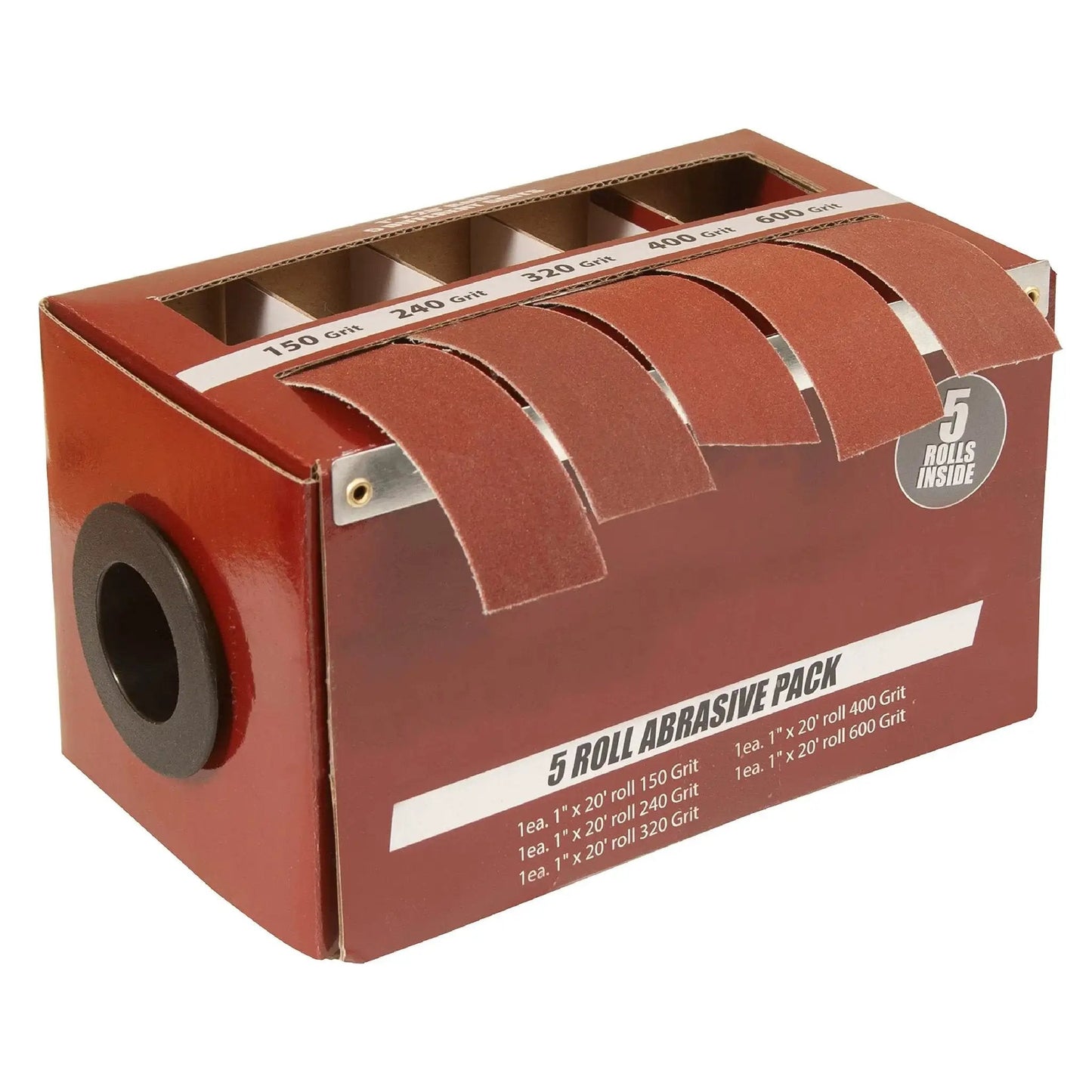 Side view of Emery Cloth Roll Sandpaper Dispenser with Pro Grade Boxed Multi Roll Tear Off Design for Woodturning Woodworking Metal and Automotive Body Work includes 150 240 320 400 600 Grit J Weight Cloth; visible abrasive pack openings