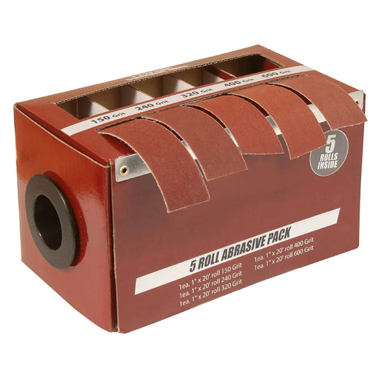 Side view of Emery Cloth Roll Sandpaper Dispenser with Pro Grade Boxed Multi Roll Tear Off Design for Woodturning Woodworking Metal and Automotive Body Work includes 150 240 320 400 600 Grit J Weight Cloth; visible abrasive pack openings