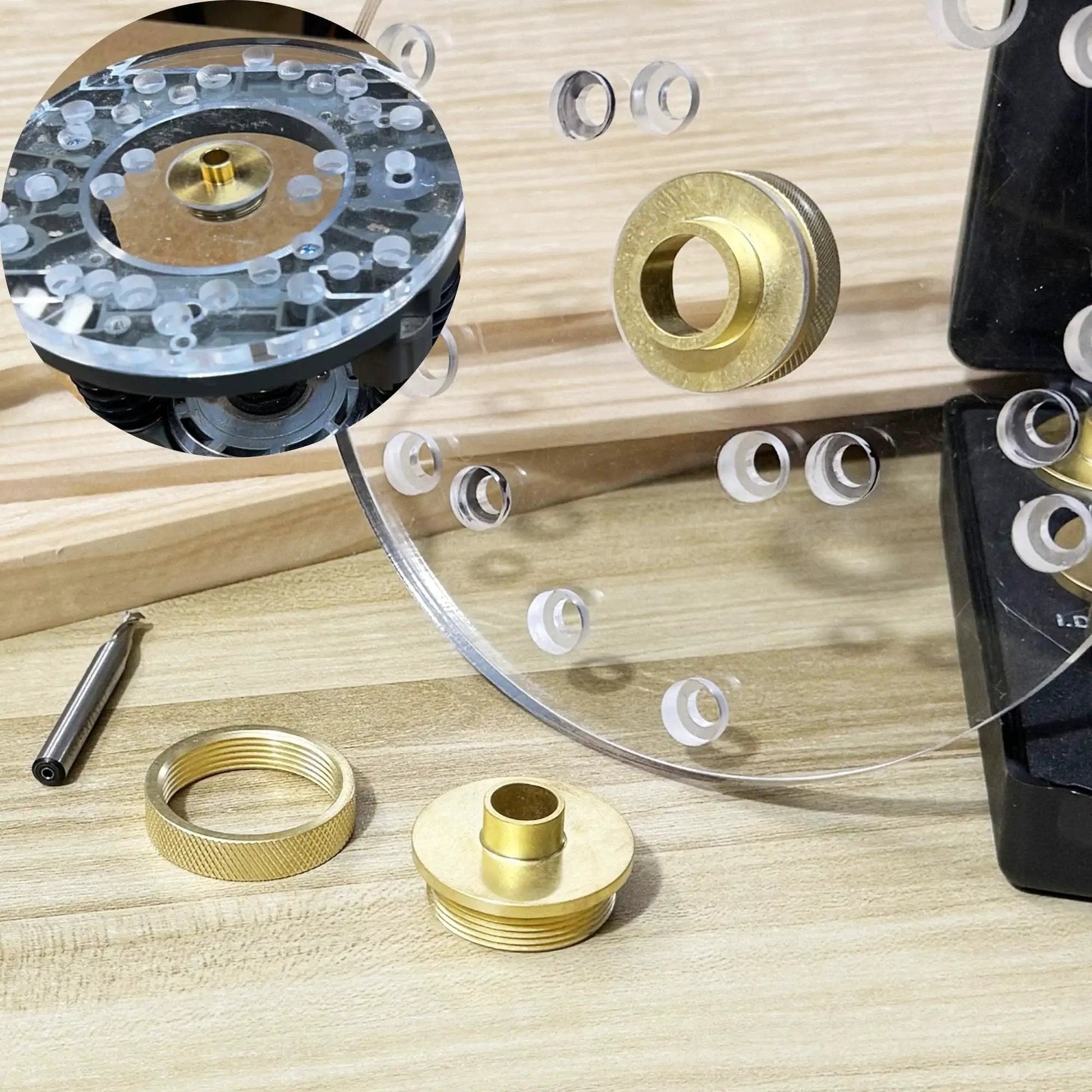 Premium 13 Piece Brass Router Template Bushing Set With Centering Cone includes brass bushings and accessories on wooden surface
