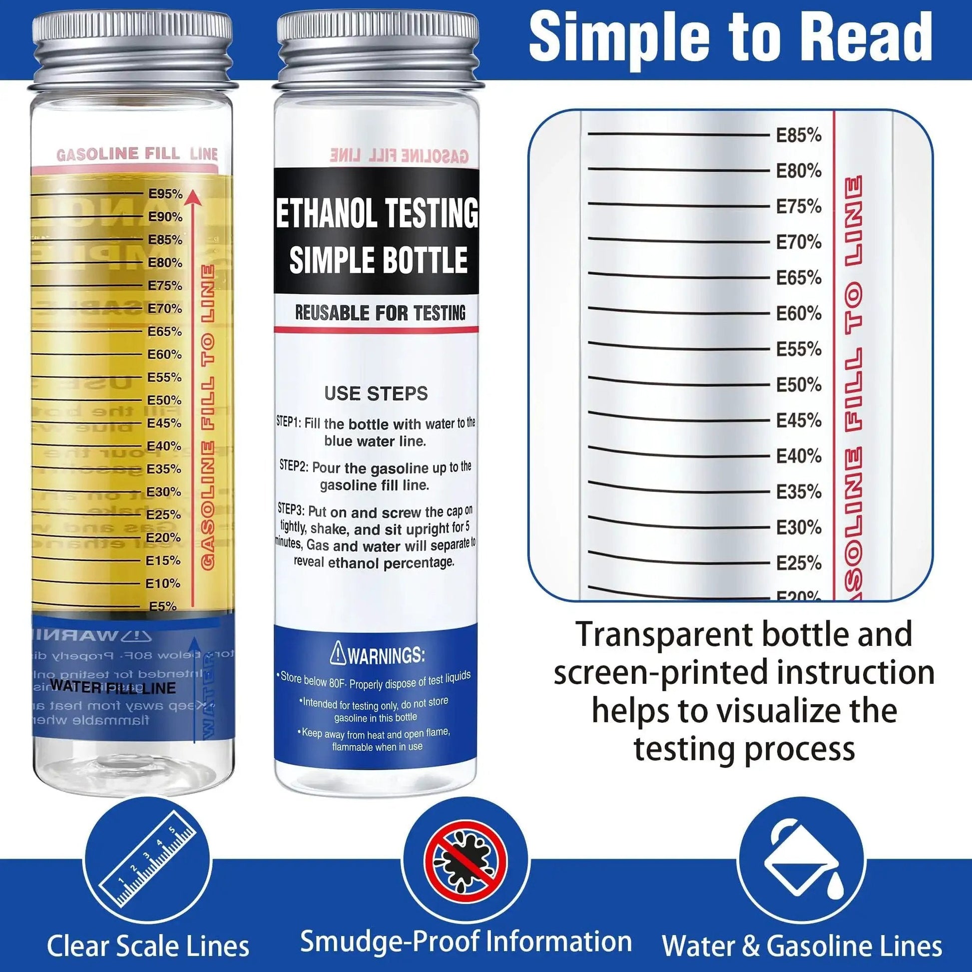 2 Pack Reusable E85 Ethanol Tester Kit With Wide Mouth Bottles showing scale lines and usage instructions