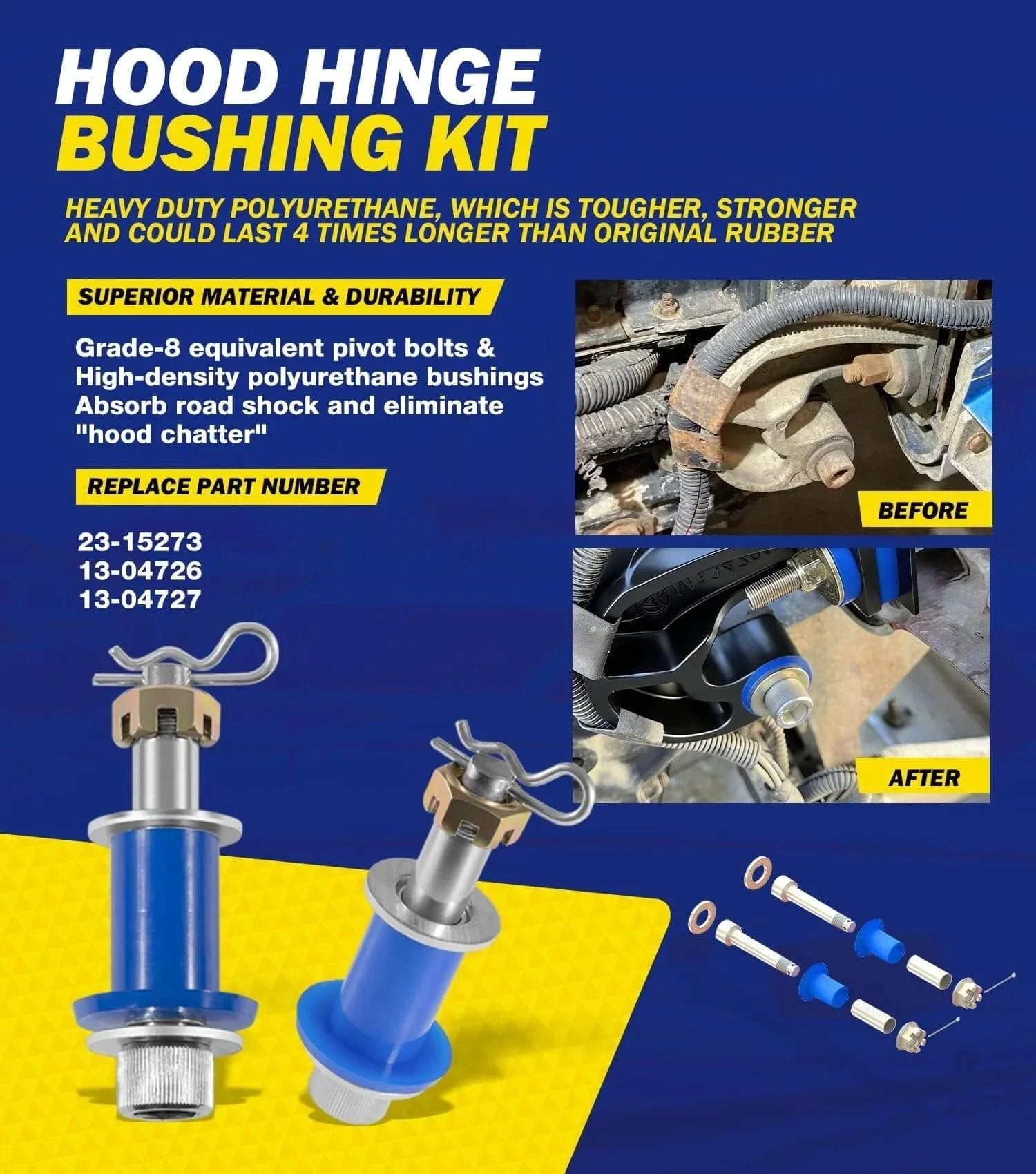 Hood Hinge Pivot Bolt Kit With Bushing And Mounting Bolts For 378 And 379 Hoods Before and After Images