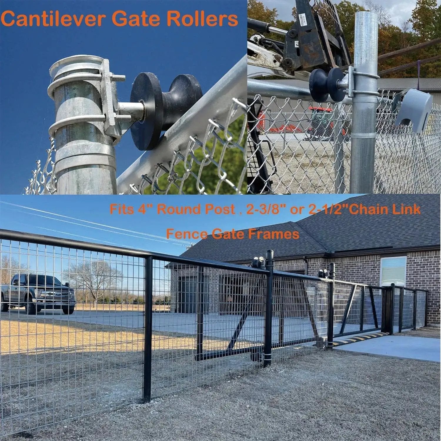 Sliding Gate Rollers on chain link fence with 4 inch round posts and cantilever design, pack of 2, nylon material.