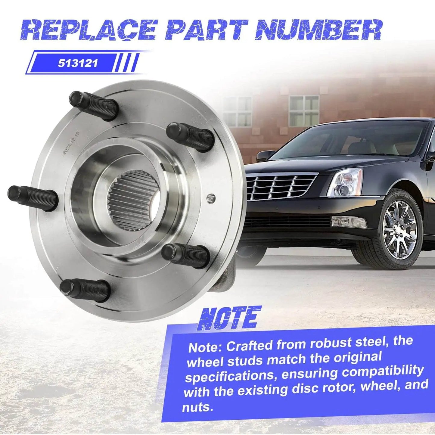 Front Wheel Hub Bearing Assembly with ABS - Single Unit Fits Impala, Monte Carlo, Uplander, and more; shown with vehicle backdrop