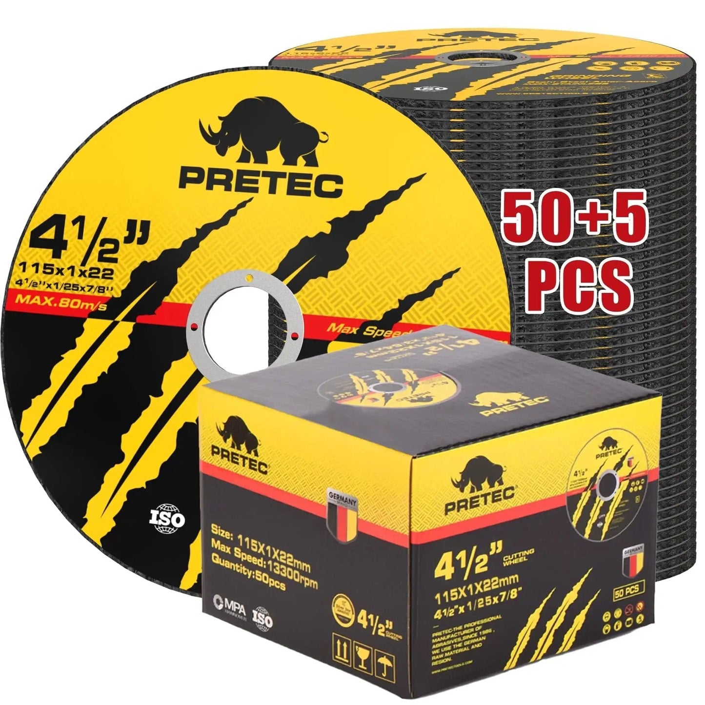 Cut Off Wheel Set 4-1/2 Inch For Angle Grinders 7/8 Inch Arbor Thin Metal Cutting Discs For Fast Cuts In Steel Stainless And Aluminum 50 And 5 Pack PRETEC High Speed 13300 RPM