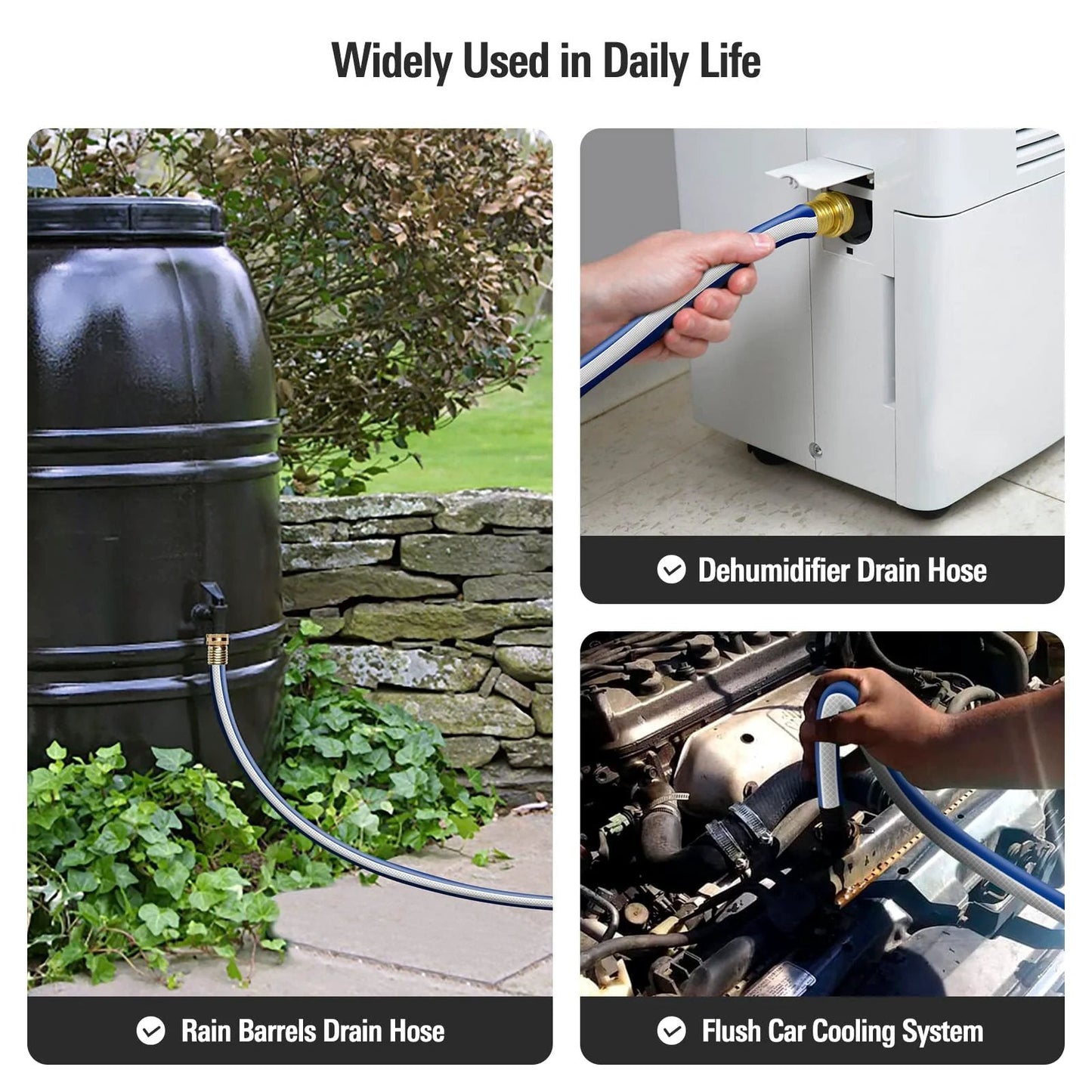 Image showing various uses of a Heavy Duty Short Garden Hose 3/4 Inch By 3 Foot Workhorse Water Pipe For Commercial Use, Reel Cart And Equipment Connection, Kink Free No Leaks With Female To Female Fittings in daily life, used as a rain barrel drain hose, dehumidifier drain hose, and car cooling system flush hose.