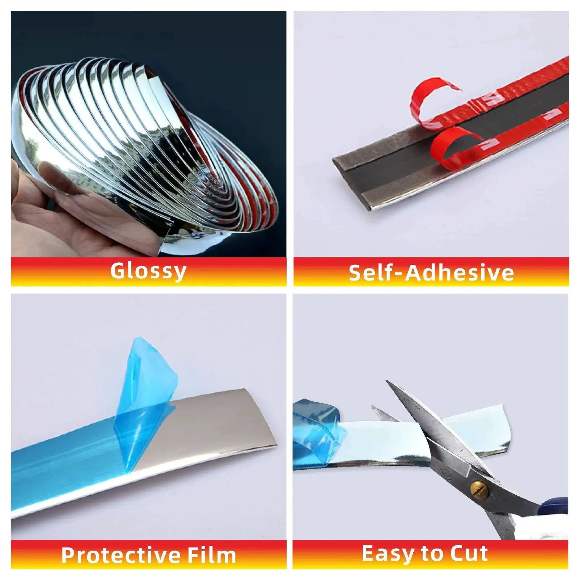 Universal Car Exterior And Interior Molding Trim Self Adhesive PVC Strip shown glossy, with protective film, and cutting example