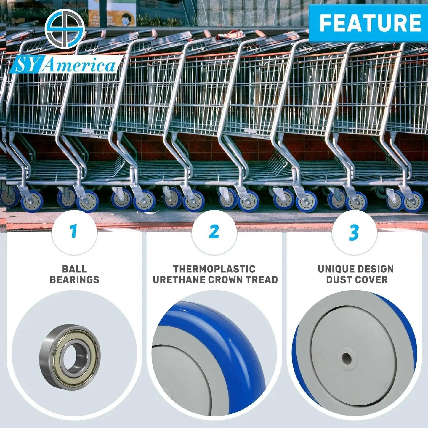 Row of shopping carts featuring Five Inch Shopping Cart Wheel Set With Dual Precision Bearings And Polyurethane Tread Blue Crown.