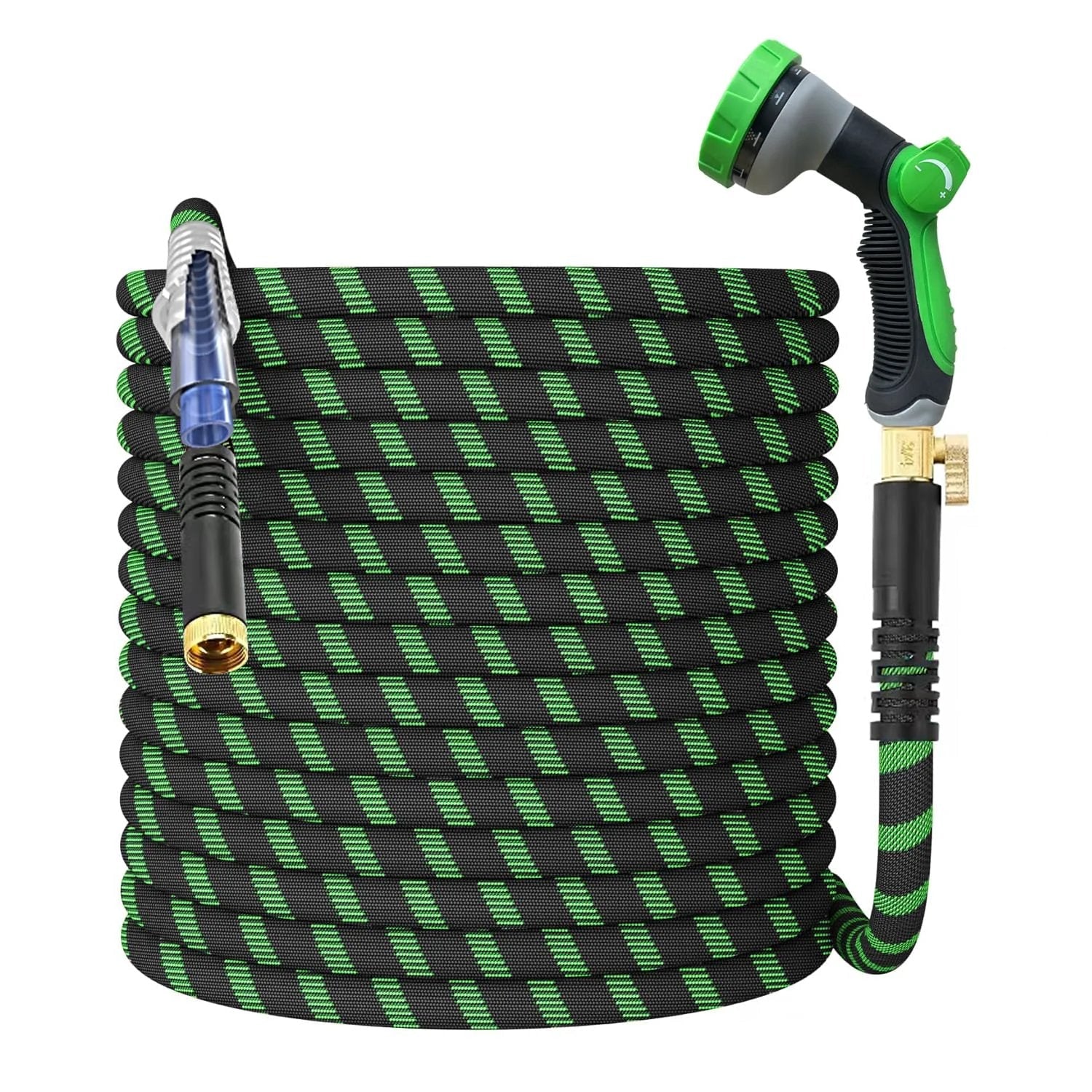 Non Expanding Garden Hose With Jet Nozzle, Ultra Lightweight Fabric Hybrid Water Hose, Flexible, Kink Resistant 100ft Green