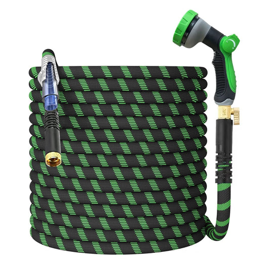 Non Expanding Garden Hose With Jet Nozzle, Ultra Lightweight Fabric Hybrid Water Hose, Flexible, Kink Resistant 100ft Green