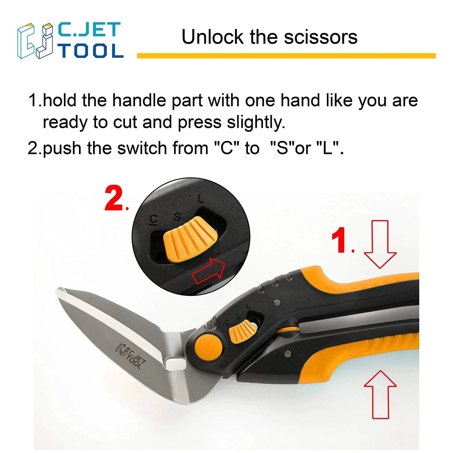 Close-up of C.JET TOOL Workhorse Heavy Duty 10 Inch Multipurpose Scissors, showing ergonomic handle and locking mechanism.