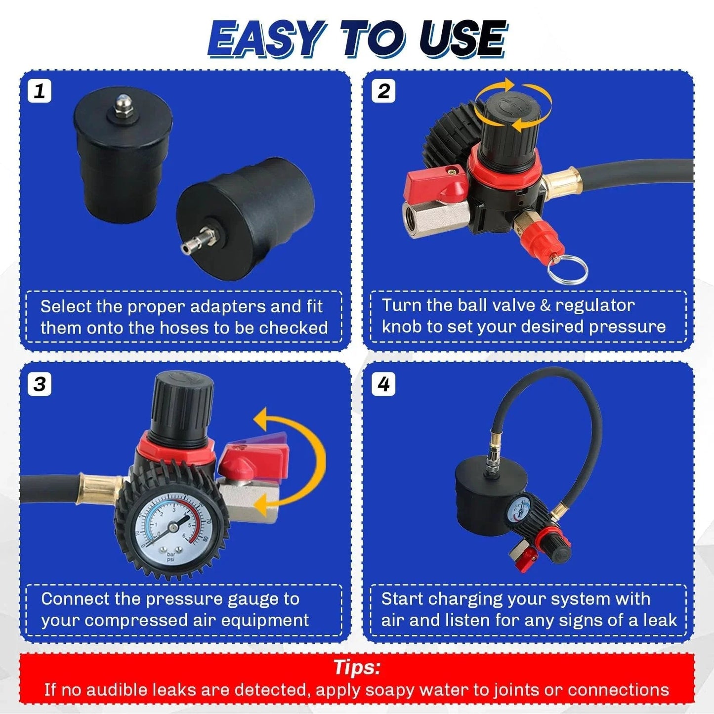 Easy-to-use guide for Beefed-Up Turbo System Leakage Tester Kit For Auto Turbo Boost Leaks with adapters and gauge.