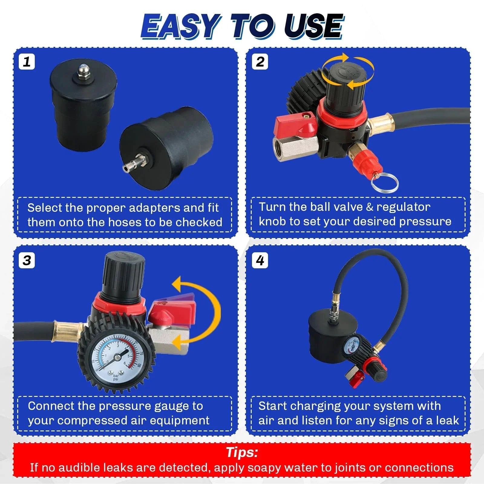 Easy-to-use guide for Beefed-Up Turbo System Leakage Tester Kit For Auto Turbo Boost Leaks with adapters and gauge.