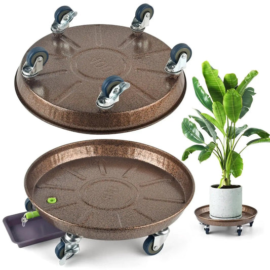2 Pack 15.7 Inch Large Plant Stand With Lockable Wheels, brown round caddy holding plant, five casters for easy movement