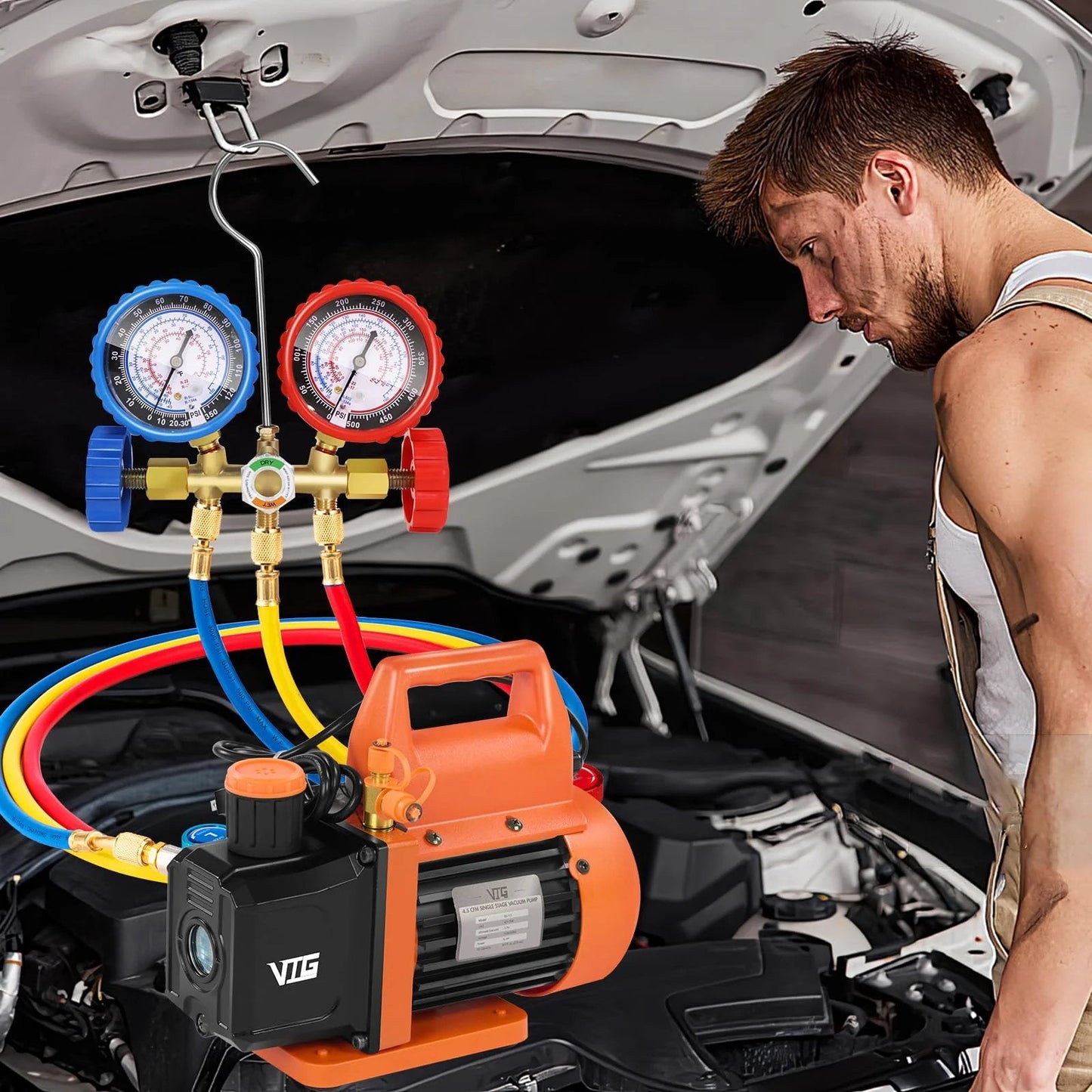 DIY Friendly HVAC Vacuum Pump Kit With Gauge Set For Mini Split And Auto Systems, 4.5 CFM 110V in use on car engine