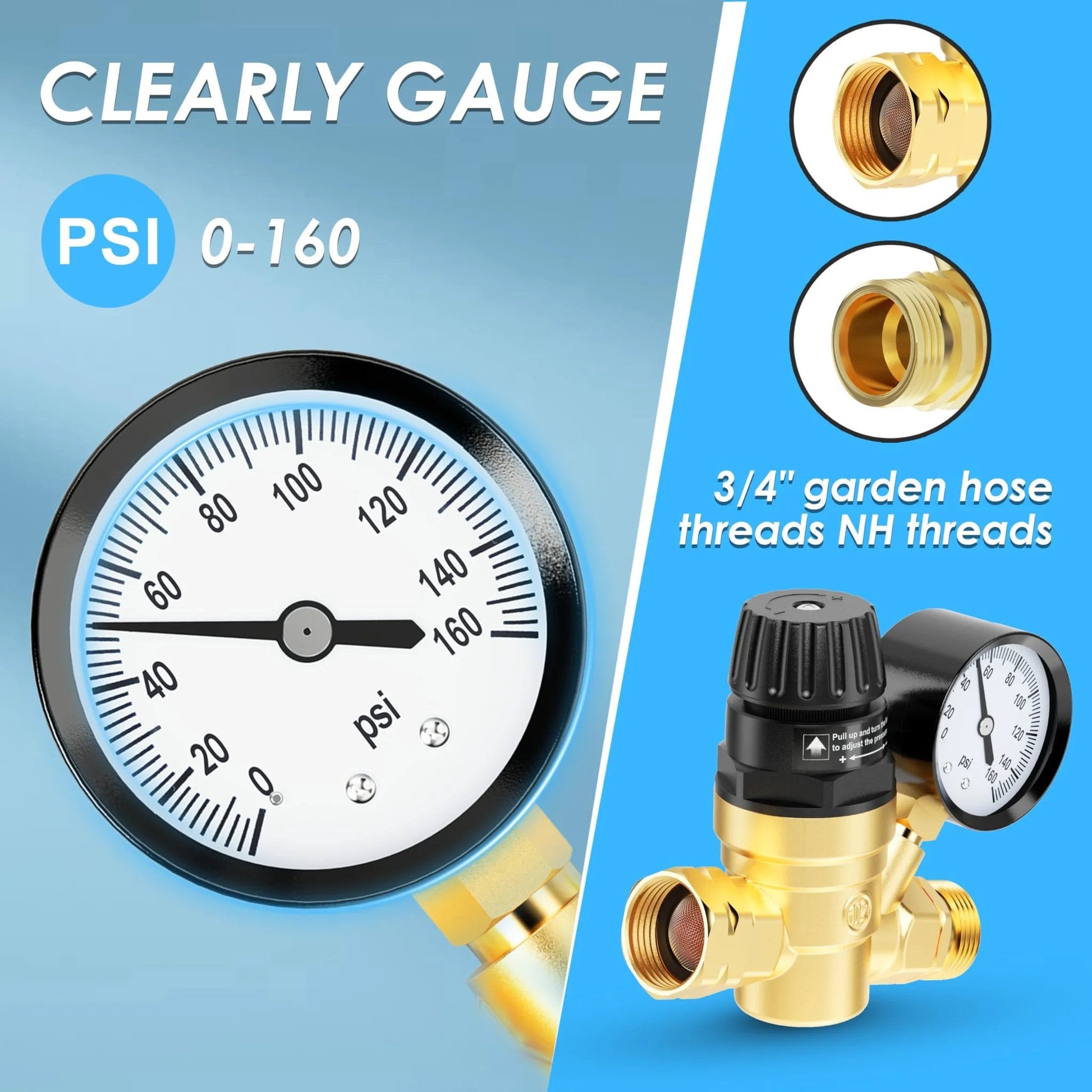 Brass Lead Free RV Water Pressure Regulator With Gauge And Inlet Filter For Campers And Travel Trailers, Adjustable Valve
