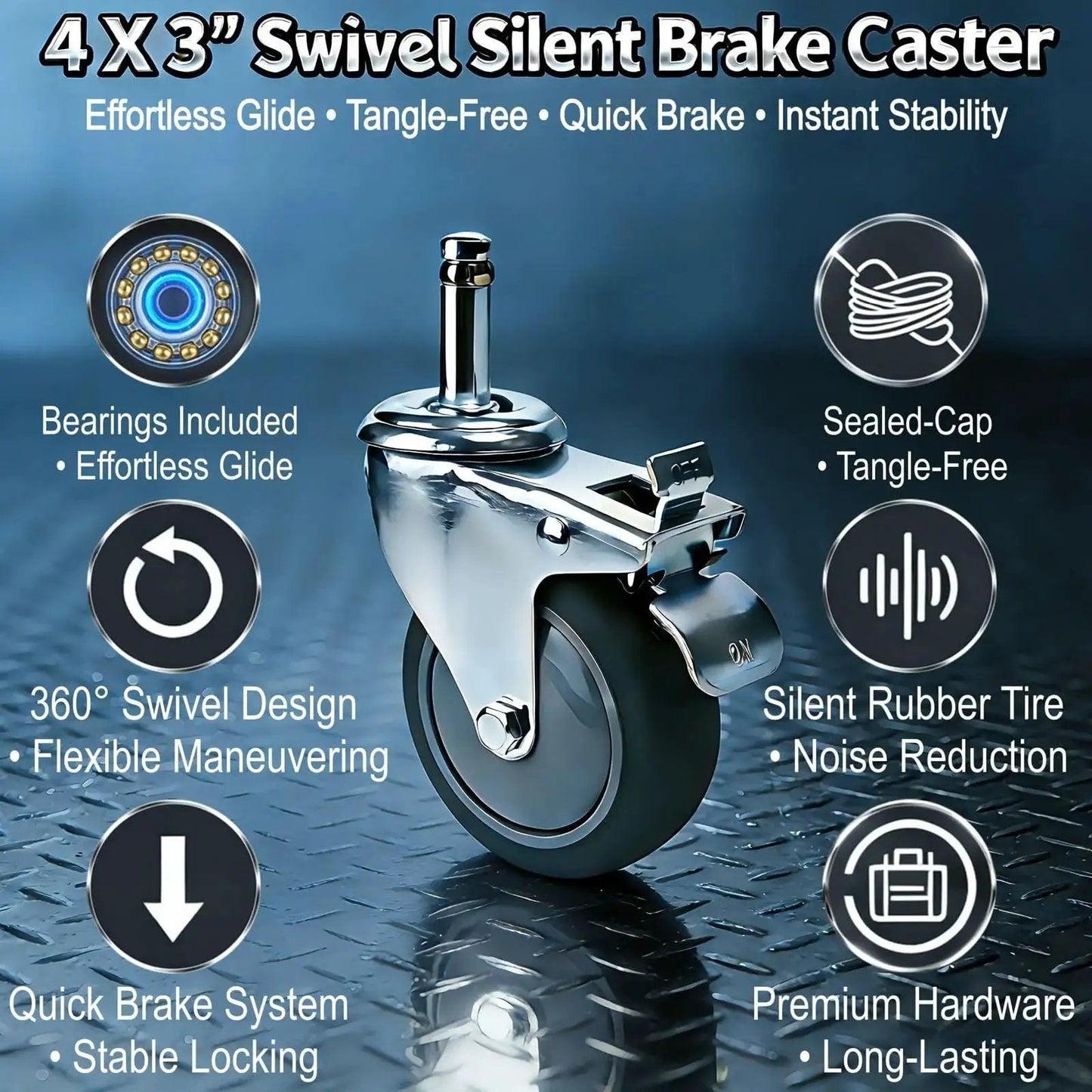 Close-up of a 4x3 inch swivel silent brake caster for smooth mobility, featuring a sealed-cap design and silent rubber tire for noise reduction.