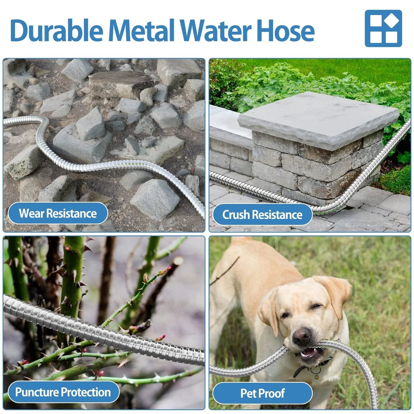 Durable 50 Foot 304 Stainless Steel Garden Hose With Solid Brass Connectors And Rubber Grip on various surfaces