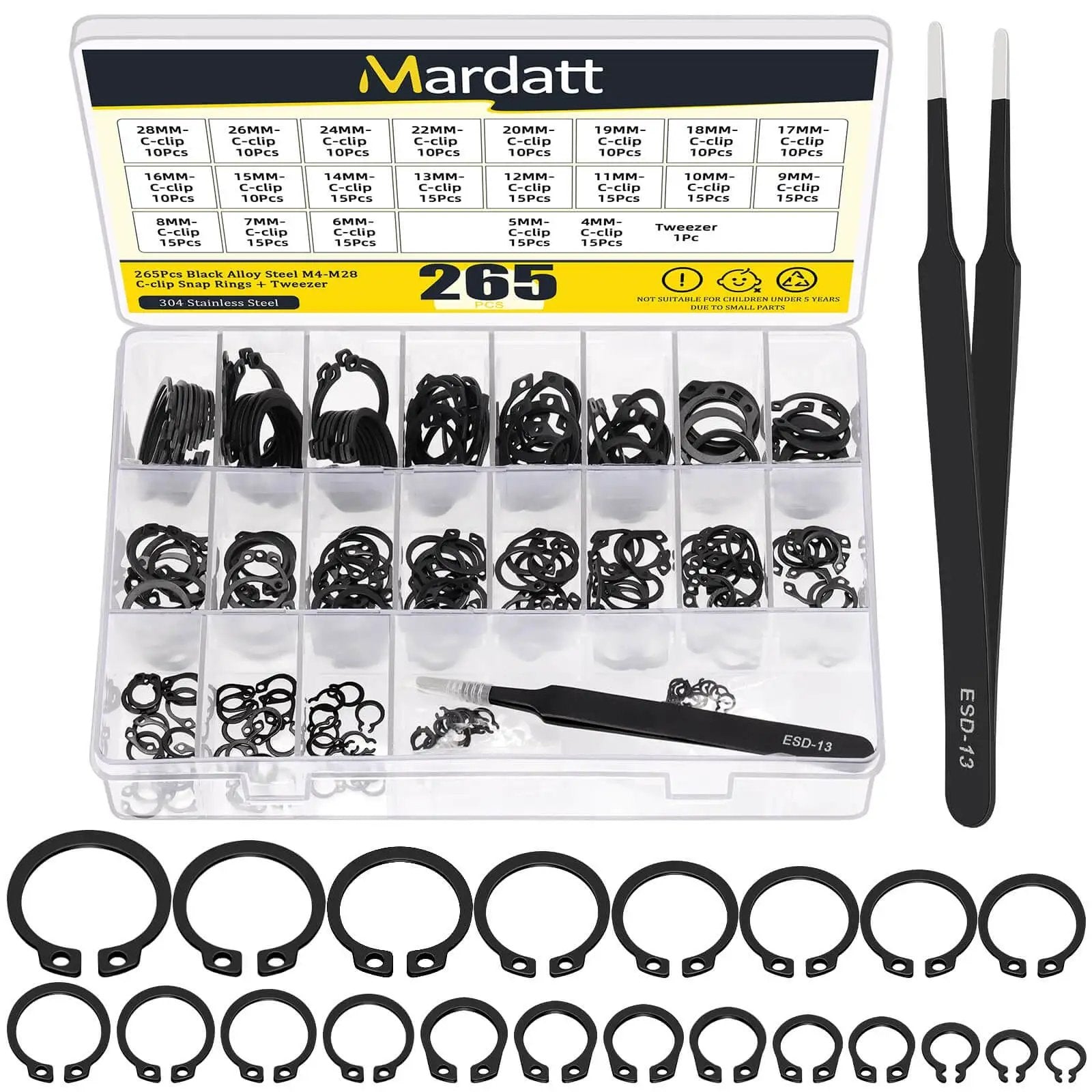 266 Piece External Retaining Rings Kit With 21 Sizes M4 To M28 Circlip Snap Rings Retainer Rings And Tweezers visible in box