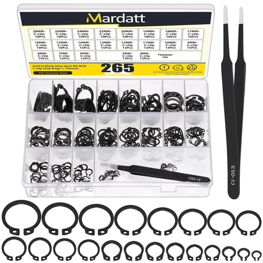 266 Piece External Retaining Rings Kit With 21 Sizes M4 To M28 Circlip Snap Rings Retainer Rings And Tweezers visible in box