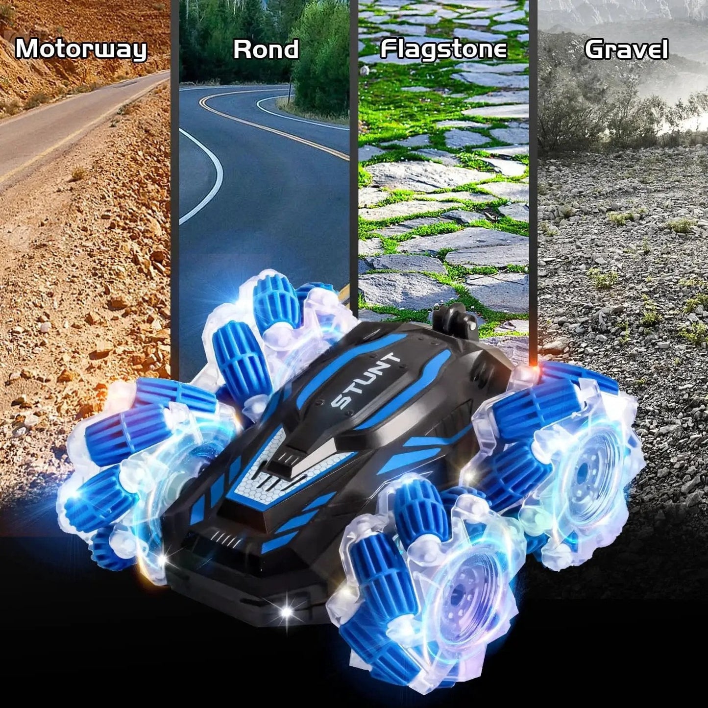 Gesture Sensing 4WD RC Stunt Car With 360 Degree Double Sided Flips Bright Lights And Music 2 4Ghz Remote And Gravity Watch Control Off Road Modes on various terrains
