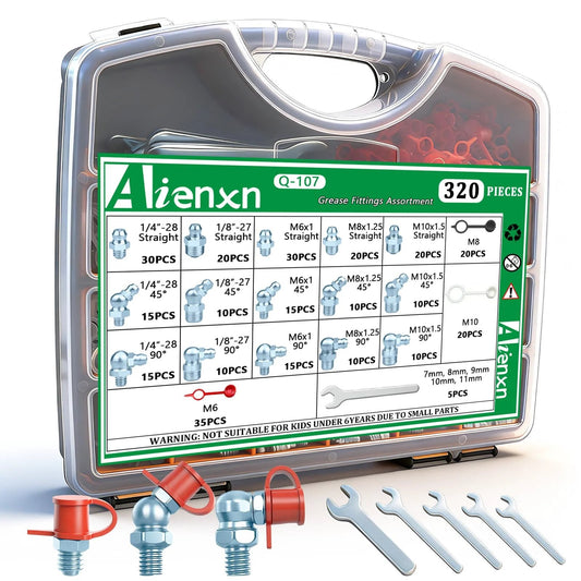 320 Piece SAE And Metric Zerk Grease Fittings Kit Pro Grade With Straight 45 Degree And 90 Degree Heads Sizes One Quarter By Twenty Eight And One Eighth By Twenty Seven M6 M8 M10 Plastic Caps In Portable Box Includes 7 To 11mm Wrenches For Grease Gun