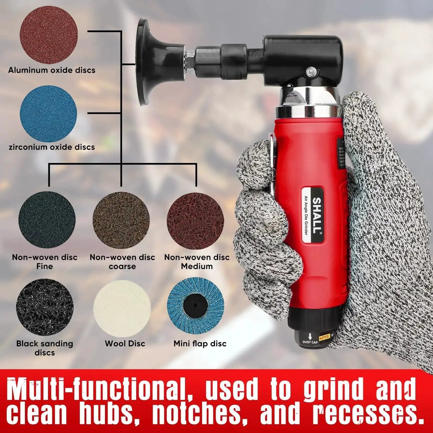 Right Angle Die Grinder Kit With 90 Degree Head 1/4 Inch And 1/8 Inch Collets 24 Sanding Discs Air Connector Lubricant And Chuck Keys Included 20,000 RPM Perfect For Grinding Polishing Deburring Engraving And Rust Removal held in gloved hand