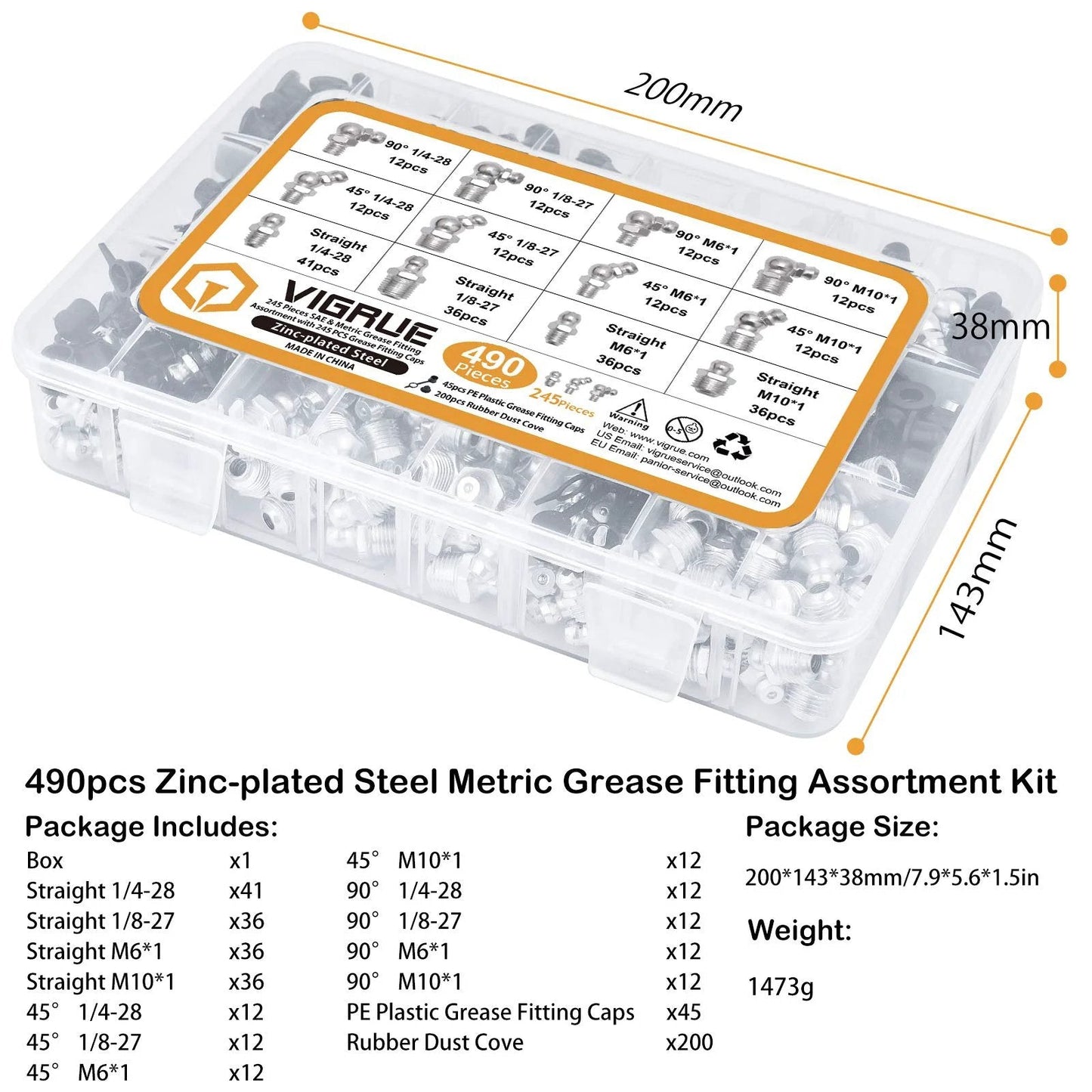 Grease Fittings Kit With Caps Pro Grade SAE And Metric Zerk All In One Assortment 490 Pieces For Grease Gun Kit in box