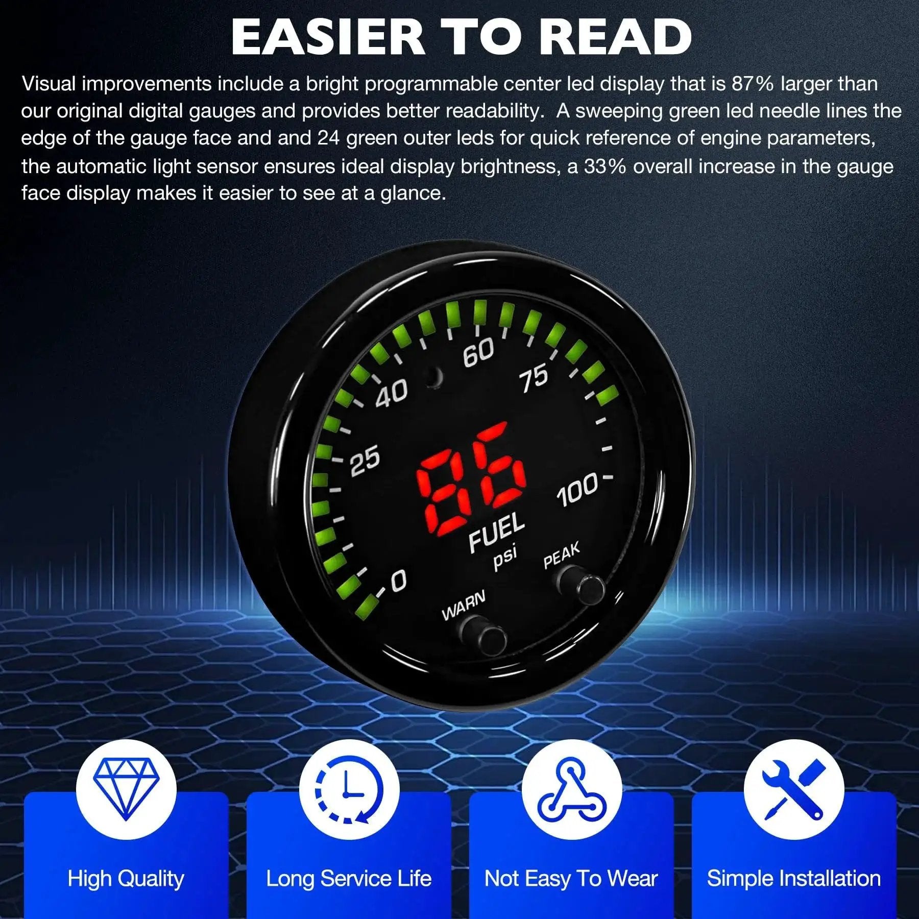 X Series 52mm 2-1/16 Inch Oil And Fuel Pressure Gauge Kit 0-100 Psi 7 Bar With Digital Display detail showing LED readout