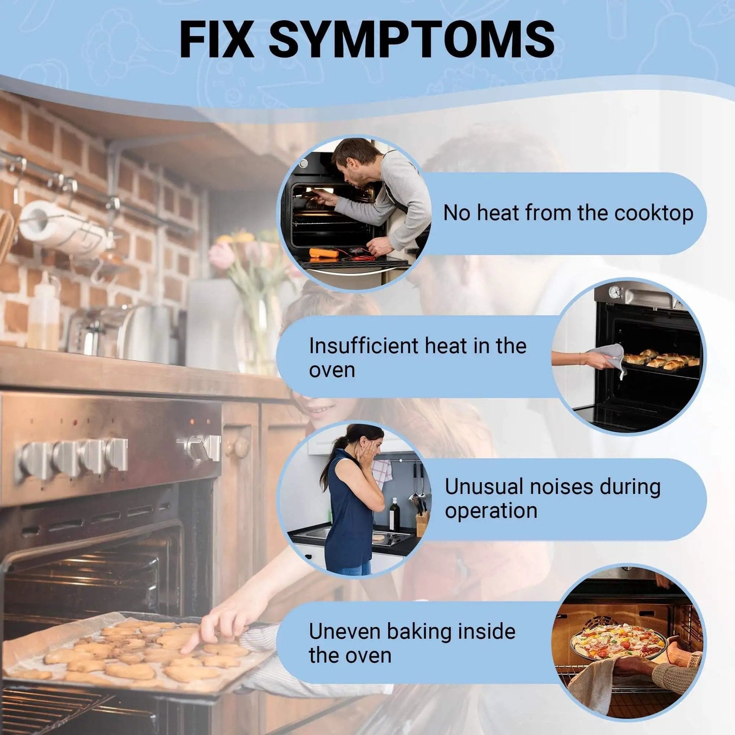 Oven symptoms showing no heat, insufficient heat, unusual noises, and uneven baking in kitchen setting with Convection Fan Motor DG31-00005A focus.