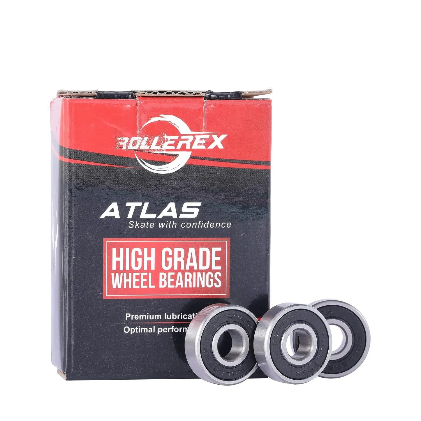608-2RS Pre Lubricated Skate Wheel Bearings 20 Pack with Rollerex Atlas box, high grade wheel bearings visible